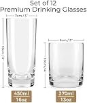 MIAMIO - Drinking Glasses Set of 12/6 x Small 370 ml and 6X Big 450 ml Glass Cups for Water, Cocktails, Tea and Beer - Dishwasher Safe
