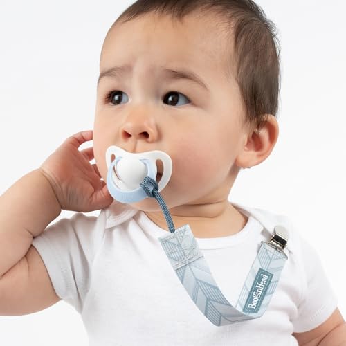 Image of BooginHead by Infantino PaciGrip 2-Pack Pacifier Clips - Universal Fit, Gentle on Clothes, Keeps Pacifiers Clean & Close, Ages 0-36 Months, Blue Arrows