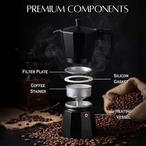 Image of AXEON Classic Moka Pot 240ml Espresso Coffee Maker | Italian Style Mocha & Cuban Cafe Brewer | Gas Stovetop Compatible | Food-Grade Aluminum with Cool Touch Handle | Brews 4-6 Cups, Black