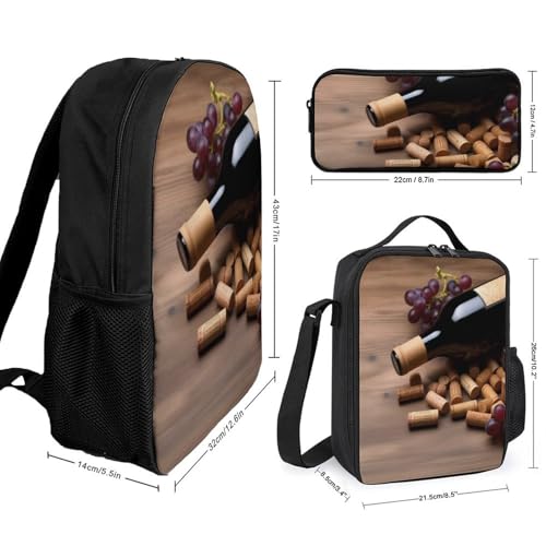 3 Piece Backpack for Women Men Lightweight Causal Daypack Shoulder Bag Set with Insulated Lunch Bag And Pencil Case Organizers Wine Bottle Corks Grapes2