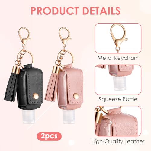 2Pcs Portable Leather Hand Sanitizer Holder, Travel Size Keychain Case Refillable Bottle for Toiletry Lotion Liquid Soap Shampoo (Black, Pink)3