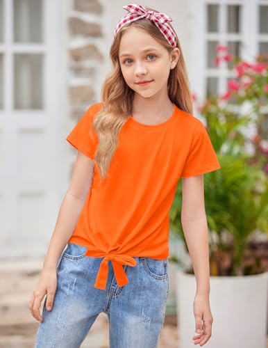 Image of Arshiner Girls Short Sleeve Shirts Tie Knot Front Tops T Shirts for Kids Crewneck Cute Casual Tie Dye Tee Blouse