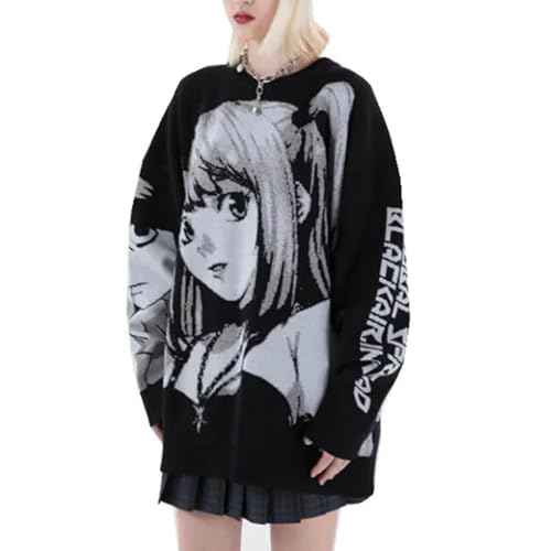 Black Anime Girl Doll Sweater Hip Hop Loose Wind Long Sleeve Round Neck Pullover Knit Sweater