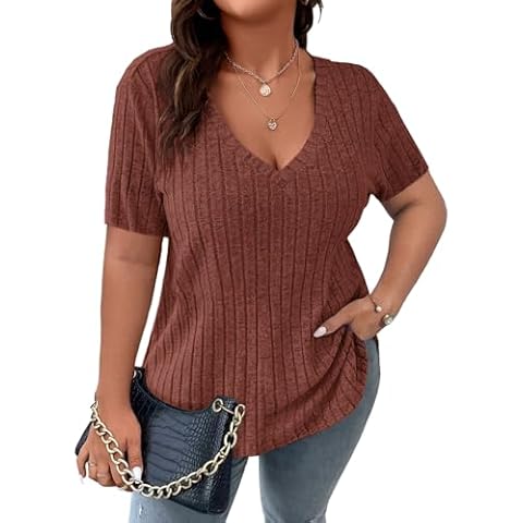 Koscacy Plus Size Womens Tops Cute Top for Teen Girls Short Sleeve T Shirts Casual V Neck Solid Color Lightweight Blouses Rust Brown 2XL Cover