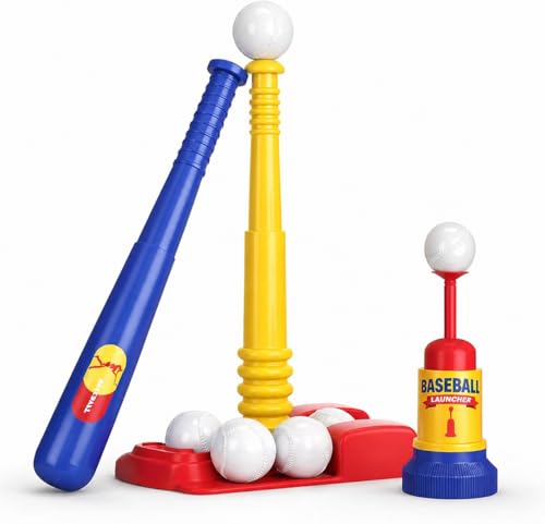 T Ball Stand for Kids and Toddlers 1-3 3-5 5-8. Baseball Set Includes 6 Large Balls an Adjustable Tball Batting Tee and a Pitching Machine. Kids Bat and Ball T-Ball Sets for Kids