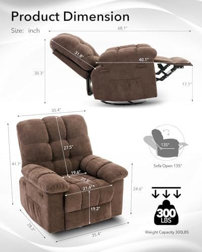 Image of Rocking Recliner Chair, 360 Swivel Glider Rocker Chair for Living Room & Nursery, Upholstered Fabric Single Sofa with Side Pockets, Heavy-Duty Steel Frame Lazy Recliner for Small Spaces, Brown