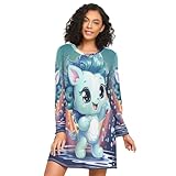 Linnyio Dibujos Animados Lindo Paddle Ball Unicornio Camisones para Mujer,Pijamas de Manga Larga,Camisón Suave para Estar en Casa Ropa de Dormir