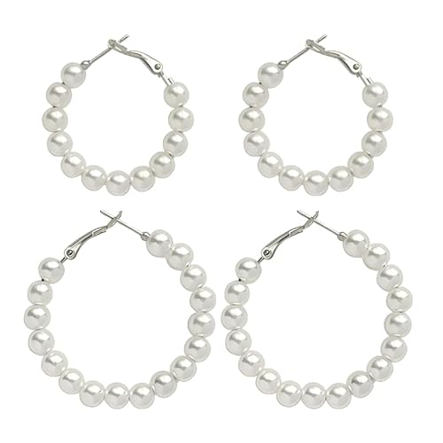 SweYone 2 Pairs Pearl Hoop Earrings Set for Women, 30mm & 40mm Simulated Pearl Hoops, Gold/Silver Plated, Classic Round Earrings for Wedding, Bridal, Gifts, Daily Wear
