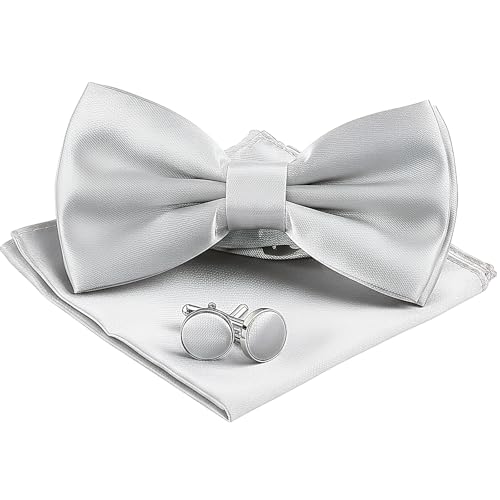 Elegantes Fliege Herren Set, mit Seidenschal & Manschettenknöpfen, Anzug Accessoires für Herren Set, Solider Bifold-Fliege, Ideal für Hochzeit & Business (Silber)