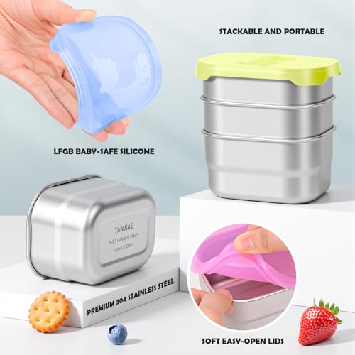 Image of Tanjiae 3x8oz Small Stainless Steel Snack Containers - 230mL Leakproof Food Containers with Cute Dino Lids | LFGB Certified, Stackable Metal Snack Box for Home, Office, Travel