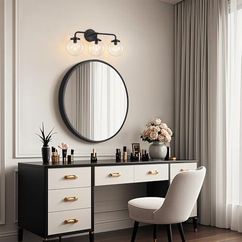 Image of Bathroom Vanity Light Fixtures Over Mirror, 22.4'' Modern Matte 3 Lights Wall Sconce Lighting with Transparent Glass Ball Shade, Mid Century Farmhouse Vanity Lights (Black)