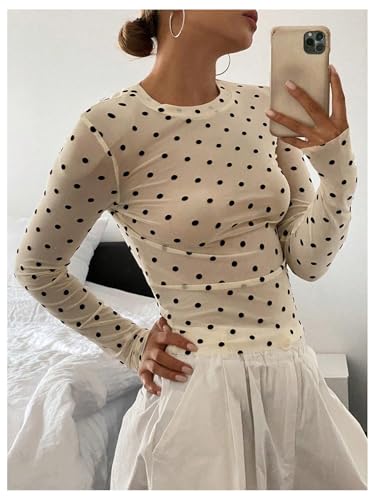 SHENHE Women's Polka Dots Sheer Mesh T Shirt Round Neck Slim Fitted Streetwear Top3
