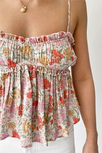 Image of Women Floral Camisoles Tops Sexy V Neck Backless Ruffle Hem Going Out Tops Cute Summer Y2k Teen Girls Camis