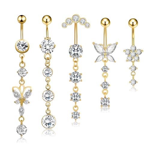 CharmBurst 5 pezzi di piercing ombelico pendente in acciaio chirurgico oro, anello ombelico con zirconi, set di piercing lungo ombelico resistente all'acqua