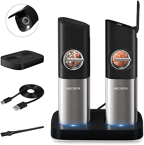 Rechargeable Gravity Salt and Pepper Grinder Set - Stainless Steel Electric Pepper Grinder with Charging Base, USB Type-C Cable, Adjustable Coarseness Automatic Electric Pepper Mill with LED Light
