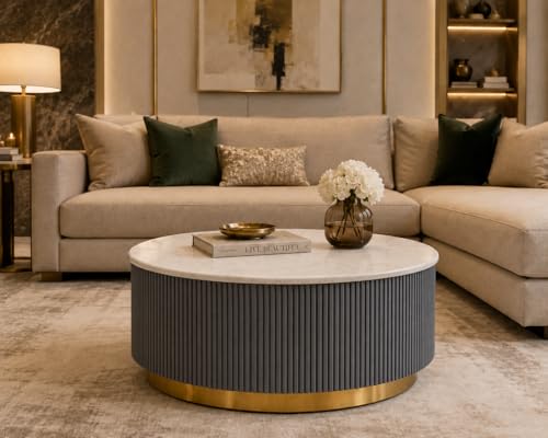 Image of Premium Luxury Marble-Top Wooden Center Table with Louvers & Acrylic Wooden Base | Premium Coffee Table for Living Room & Office (Gray)