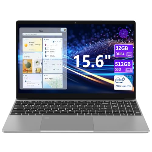 Image of KurieTim 15.6 inch Laptop Computer, 32GB DDR4 RAM 512GB PCIe SSD, IntelN95 Processor(4C /4T, Up to 3.4GHz), Gaming Laptops with Backlight Keyboard, Fingerprint Reader, 8000mAh Battery, Win11 Pro,Silver