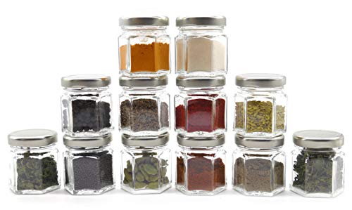 Image of Cute Hexagonal 50 Grams Airtight Glass Jar Containers for Honey, Spices & Other Kitchen Items with Rust Proof Silver Color Caps -Set of 12