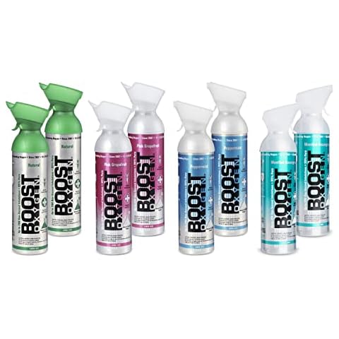 Boost Oxygen Natural Portable 10 Liter Pure Oxygen Canister, Includes Flavorless, Pink Grapefruit, Peppermint, & Menthol Eucalyptus Bottles (8 Pack) Cover
