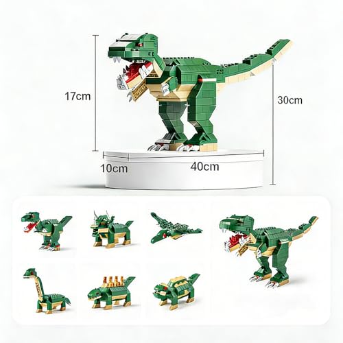 Image of SKY LINE OCEAN Dinosaur Building Blocks Set - 1000+ PCS Large Green T-Rex Construction Toy, STEM Creative Bricks Kit for Kids & Adults, Educational DIY Model Gift for Ages 6+