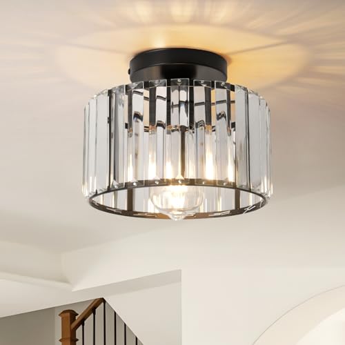 Hudi Fyier Black Crystal Ceiling Light for Hallway, Small Semi Flush Mount Fixture, 23cm Modern Lighting for Kitchen, Dining Room, Living Room, Bedroom