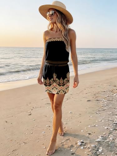 Image of Summer Dress for Women Strapless Beach Cover Ups Boho Sundress Mini Dress Drawstring Waist with Pockets