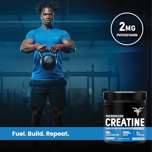 Image of Bolt Micronised Creatine Monohydrate 3000 Powder|With Phycocyanine|Boosts Athletic Performance|Provides Energy Support For Heavy Workout|Formulated In Usa| 250 grams (0.55Lb),83 Serving|Unflavored