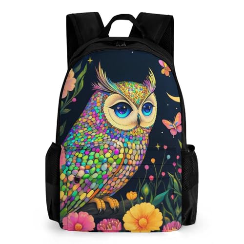 Supdreamc Colorful Owl Flowers Moon Art Rucksack Polyester Anti-Theft Multipurpose Bookbag Big Capacity Travel and Sport Backpack Rucksack With Side Pockets