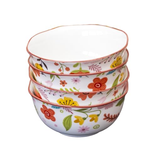 Darthome Set of 4 Floral Print Ceramic Cereal Bowls, Multicoloured Botanical Flower Design, 500ml, Scalloped Rim, Microwave Safe