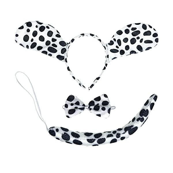 Skeleteen dalmatian dog costume set - black and white dog ears headband, bowtie and tail accessories set for dog costumes for toddlers and kids