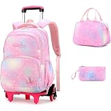 NEWDEM Mochila Estudante Rolante Subir Escadas Trolley, Conjunto de três peças, Mochila Escolar Estilo Princesa Respirável Viagem Bolsas