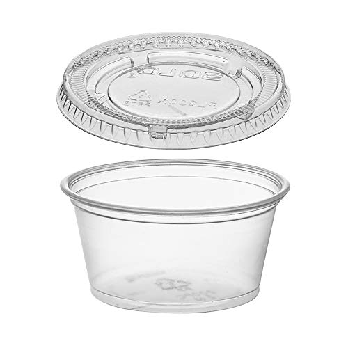 (125 Pack) 2-Ounce Plastic Portion Cups with Lids, Small Clear Plastic Condiment Cups/Sauce Cups, Disposable Souffle Cups/Jello Shot Cups byÂ Tezzorio