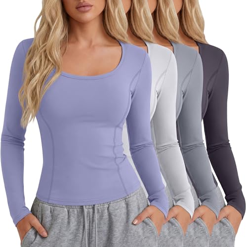 Oakgarden 4 Pack Women's Seamless Workout Tops Scoop Neck Long Sleeve Compression Shirts Breathable Yoga Athletic Tight Shirt(Light Lavender, Gray White, Bright Gray, Haze Purple,Small)
