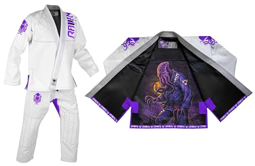 Raven Fightwear Men's BJJ Horror Cthulhu Brazilian Jiu Jitsu Uniform Premium BJJ Gi White A2