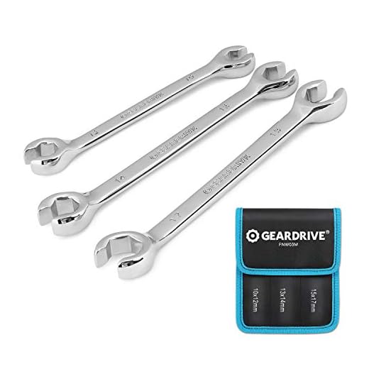 GEARDRIVE Flare Nut Wrench Set, Metric, 3-piece, 10-17mm, Chrome Vanadium Steel, Organizer Pouch Included