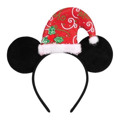 bianbaistar Christmas Santa Hat Mouse Ears Headband - Red Glitter Hat with Black Ears Holiday Hair Accessory for Parties & Theme Parks