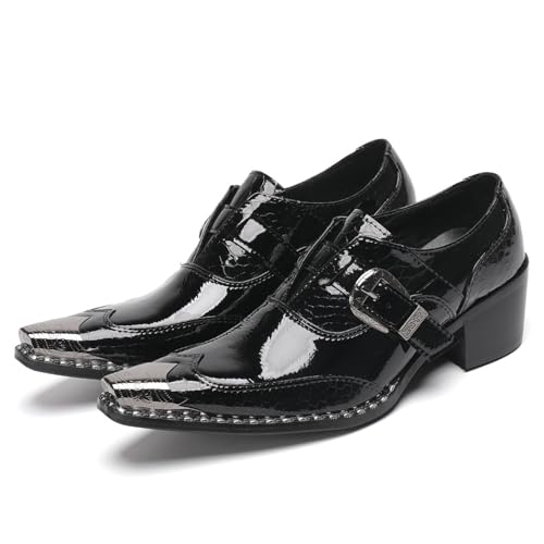 Men's Patent Leather Oxford Dress Shoes Classic Slip-On Oxfords with Buckle Black Glossy Metal Square Toe Design for Wedding Casual Party Disco Business Formal Shoes