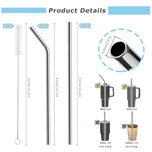 Luxoraiova 6 Stück Wiederverwendbare Edelstahl Strohhalme 31cm für Stanley Cup 30oz/40oz – Lebensmittelechte 304 Metall Trinkhalme mit 1 Reinigungsbürsten, Spülmaschinenfest & Umweltfreundlich