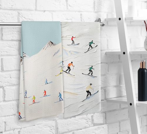NOQL Winter Skiing Skier Kitchen Towels and Dishcloths Set of 2, Ski Skiing Gifts for Skiers, Ski Christmas Ornaments Decor, Winter Drying Cloth Hand Towels Tea Towels for Bathroom Kitchen, 16×24Inch - Thumbnail 6