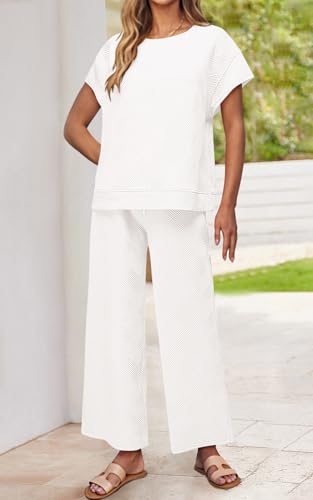 Image of PRETTYGARDEN 2 Piece Outfits For Women Casual Tracksuit Short Sleeve Tops And Wide Leg Long Pants Matching Lounge Sets