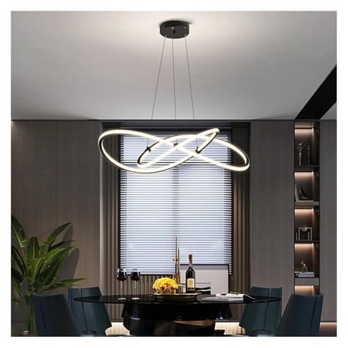 Lustre LED suspendu anneaux brossés D60cm noir et blanc pour salon