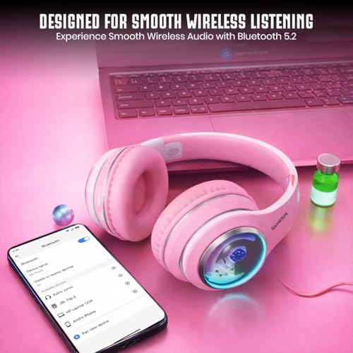 Image of GameSir Astro Junior Wireless Headphones with 40mm Drivers, Deep Bass Stereo Sound, Bluetooth 5.3, Over-Ear Noise Isolation Headset with LED Light, Built-in Mic for PC, Mobile & Laptop (Pink)