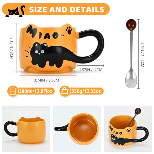EWCEFIC Naughty cat coffee Mugs,Cute funny Mug For Women, 380ml Unique Ceramic Coffee Tea Cups, Office Mug Gift 12.85oz/380ml (Amber Yellow)