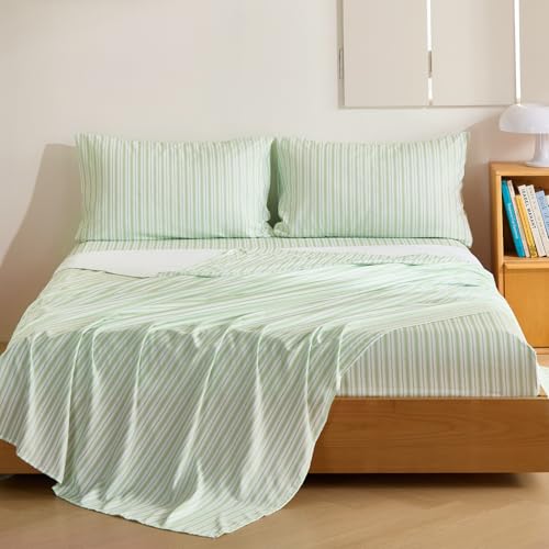 Image of MCO 4Pieces Striped Sheets Set, Breathable King Sheet Set with 16 inch Deep Pocket,Modern & Luxury, Brushed Microfiber Bedding Set(King, Green)