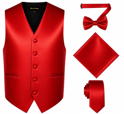 Image of Oliver George 4pc Men's Solid Formal Suit Waistcoat Tuxedo Dress Vest Necktie Bowtie Handkerchief Set for Suit or Tuxedo