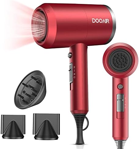 Ionic Hair Dryer, DOOAIR 1875W Blow Dryer with Diffuser and Concentrator, Professional Hair Dryer for Curly Hair, Negative Ion Technology, Constant Temperature Hair Care for Light and Quiet (Red)