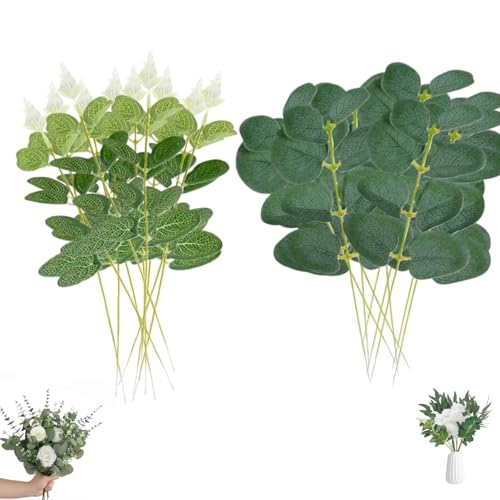 Zwenjuan Branche Eucalyptus Artificielle,20 Pièces Plantes Artificielles,Plantes de Lierre Plastique,Faux Eucalyptus,pour Décoration Mariage,Arrangement Floral Vase,Décoration Maison Bureau