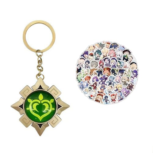 Barkua Genshin Impact Vision Keychain Natlan Dendro Keyring Genshin ​Character & 50 Pcs Kawaii Genshin Impact Cartoon Stickers Diy Water Bottle Notebo
