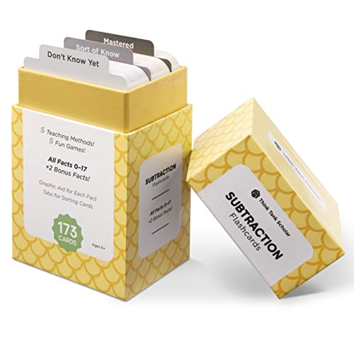 Think Tank Scholar 173 Subtraction Flash Cards Set (Award Winning) All Facts 0-17 Answer on Back, for Kids in Kindergarten, 1ST, 2ND, 3RD, 4TH Grade Class or Homeschool - Learn Math Manipulatives