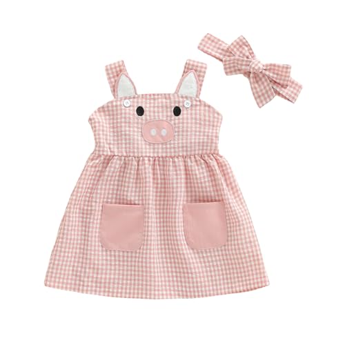Toddler Baby Girl Pig Dress Farm Animal Clothes Piggy Embroidery Sleeveless A Line Plaid Summer Dress Headband (Pink 6-12 Months)
